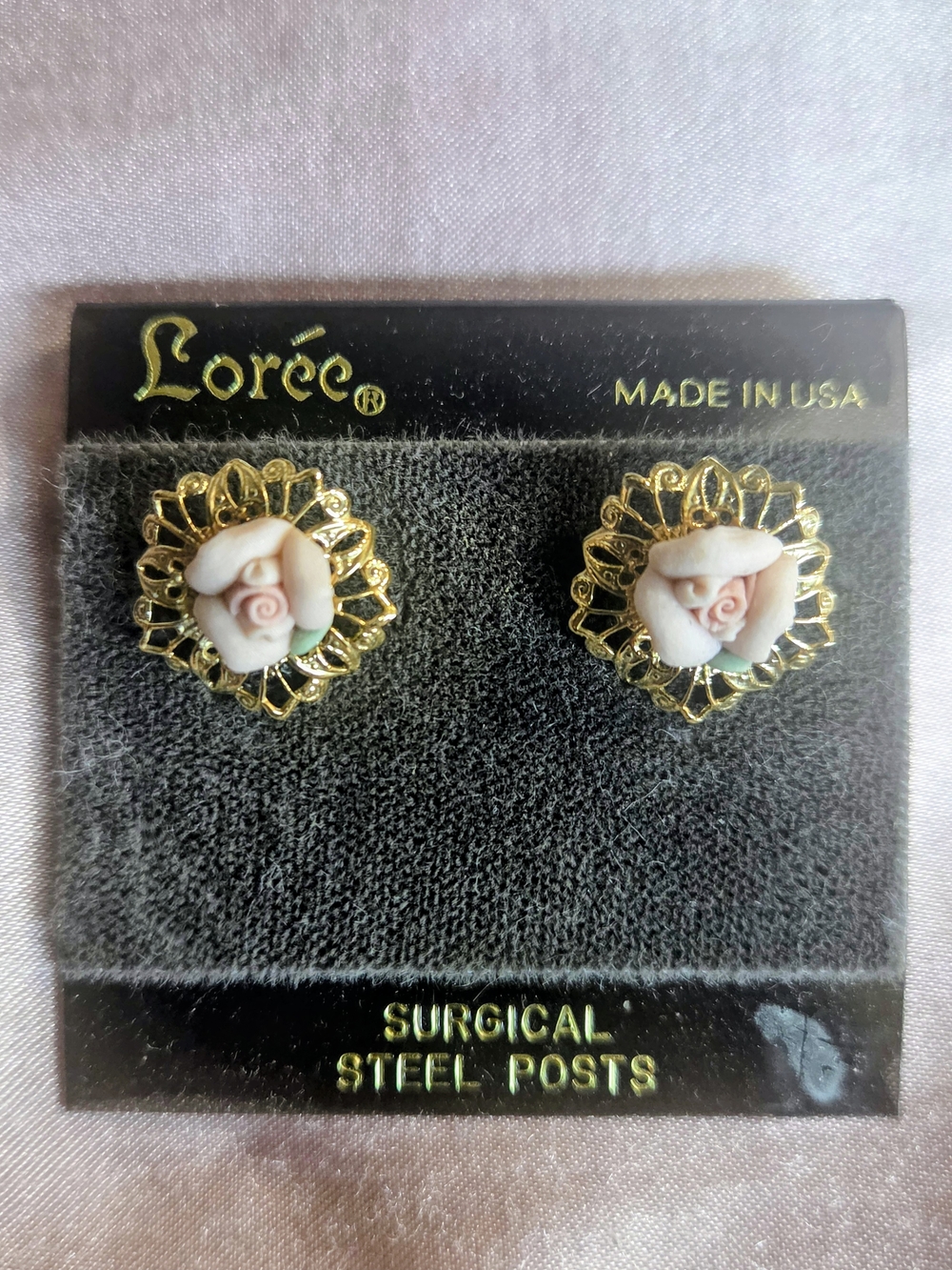 1960s Pink Porcelain Rose Earrings With Gold Trims